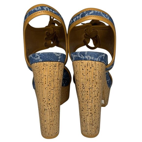 Gucci Double GG Logo Canvas Platform Sandal EU 38 US 8 Blue Slingback High Heel - Picture 9 of 12